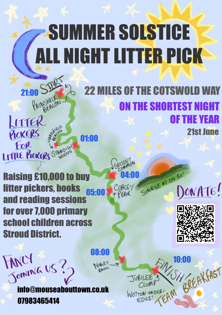 Stroud District Council’s Champion for Litter and Clean Environment, Cllr Gill Thomas, known for her numerous rubbish-clearing activities in the Stroud area, is embarking on a 22 mile, all-night litter pick, writes Sue Fenton. Summer Solstice Litter Pick | Why intrepid Gill is embarking on an all-night Cotswold Way litter pick